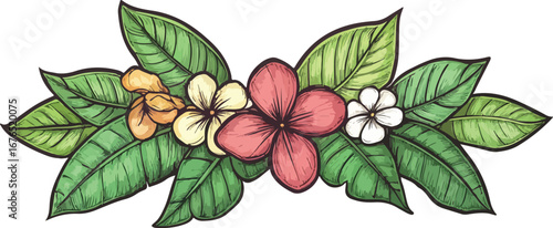 Vibrant hand drawn tropical flower arrangement with lush green leaves and white background