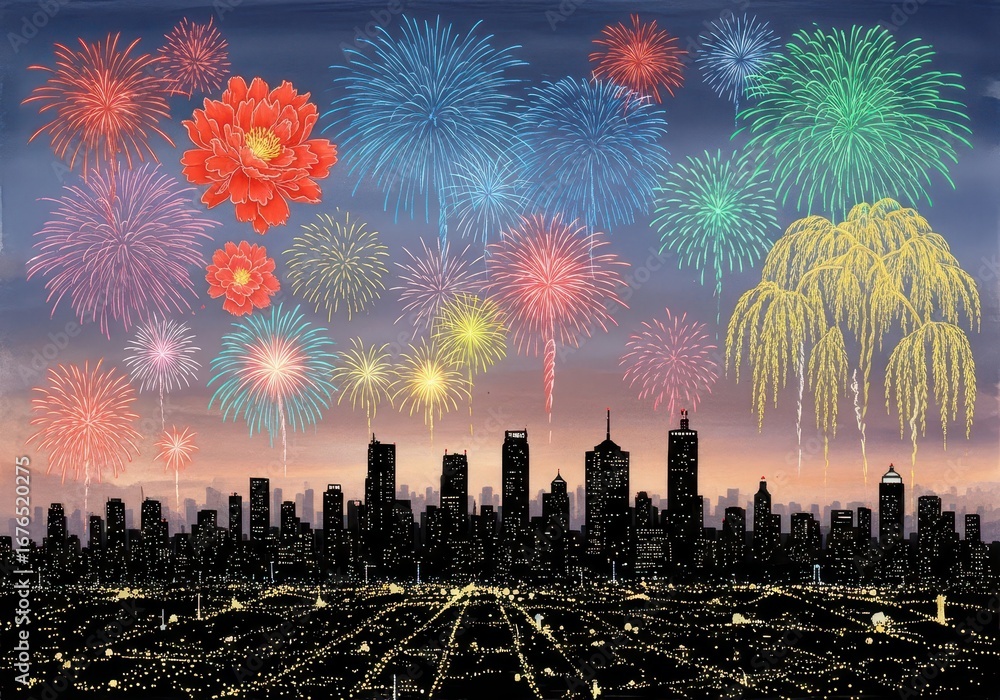 Obraz premium Fireworks display over city at night with colorful reflections on river
