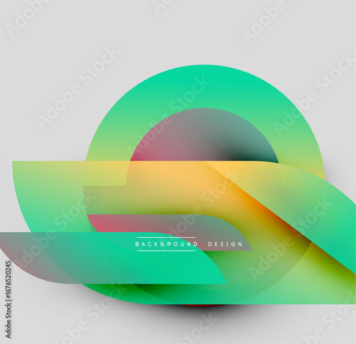 Abstract colorful shapes overlap, creating dynamic visual effect. Gradient hues blend smoothly, forming modern design element.