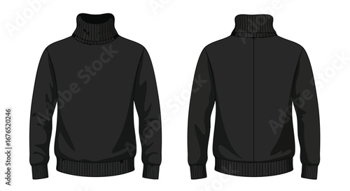 Black turtleneck sweater presented in front and back views for fashion design and apparel illustration, showcasing versatile design for clothing line