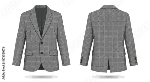 Gray Plaid Blazer Illustration: Front and Back View of a Stylish Men's Suit Jacket with a Geometric Pattern