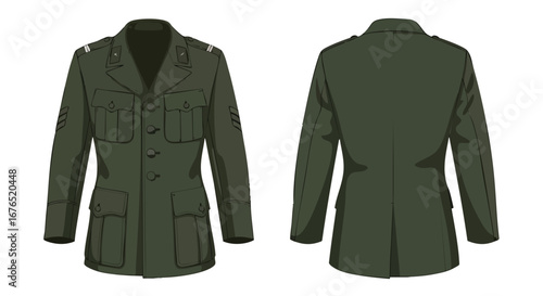 Illustration portraying a vintage green military jacket from front and back views against a neutral background capturing a sense of formality and