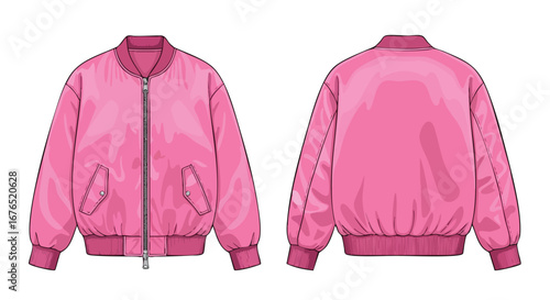 Vivid Pink Bomber Jacket Illustration Featuring Front and Back Views for Fashion Design Visualizations and Merchandise Mockups
