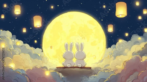 Romantic rabbit couple on cloud watch full moon lantern in dreamy night sky
