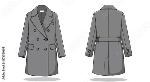 Elegant grey overcoat presented in a detailed technical drawing with front and back perspectives showcases modern design for fashion illustration