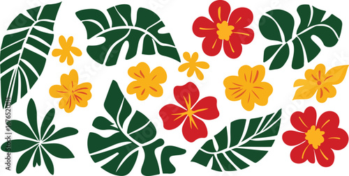 Vibrant tropical foliage and exotic flowers in a lush botanical arrangement