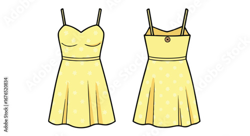 Illustration showcasing front and back perspectives of a simple yellow dress with thin straps and subtle floral pattern design