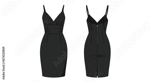 Elegant black dress design featuring a v-neckline and fitted silhouette perfect for formal evenings and special occasions offering a timeless