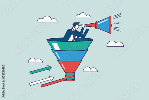 Marketing funnel sales prospect discovery, lead generation or Martech and analytics optimization, insight or customer data, conversion rate concept, businessman look binoculars in marketing funnel.