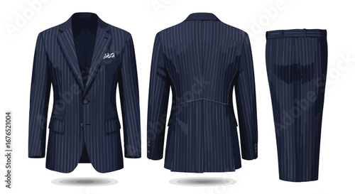Elegance in striped tailoring: Front and back view of a sophisticated suit ensemble showcases impeccable design and craftsmanship in menswear fashion