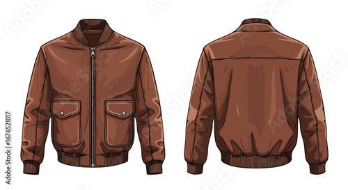 Brown bomber jacket illustration displaying front and back views with detailed stitching and pocket features evoking classic aviation style rendering
