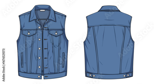 Denim Vest Fashion Illustration: Front and Back Views for Apparel Design and Production Visualization