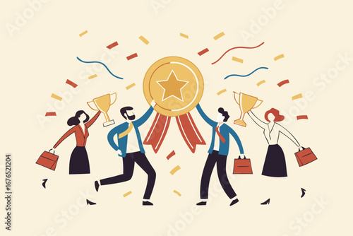 Team achievement, high quality employees, teamwork to help success together, best quality service reward, high performance staffs concept, business people celebrate high quality badge achievement. 