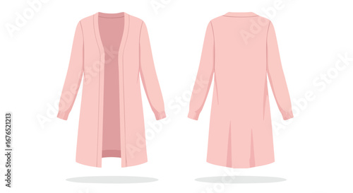 Sophisticated Pink Cardigan Illustration: Front and Back Views for Apparel Design and Style Guides