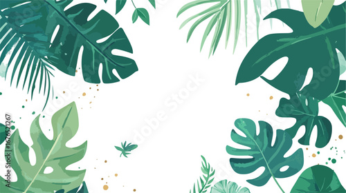 Vibrant tropical green leaves and foliage border with abstract splatters and dots