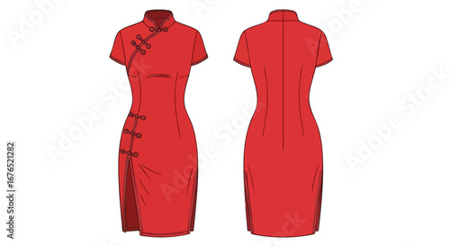 Red Cheongsam Dress Illustration showcasing modern and traditional garment design with sleek lines and vibrant red color with both front and back