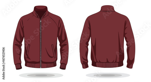 Burgundy Bomber Jacket Illustrations Featuring Front and Back Views for Apparel Design Presentations