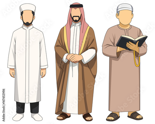 Set Colored Cartoon Character Muslim Leaders, Imams, Scholars, and Clergy. Bundle Illustrations Representing Faith, Islamic Teachings, Devotion, and Spiritual Guidance. Islamic Leadership.