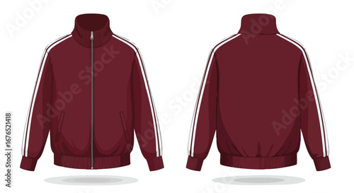 Maroon zip-up jacket with white stripes, showcasing front and back views for fashion design or textile illustration projects or presentations