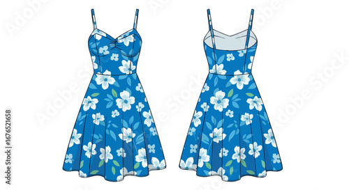 Illustrative summer sundress design showcasing front and back views with floral pattern over blue background highlighting fashion apparel