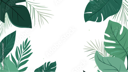 Vibrant green tropical leaves arranged in a decorative border on a white background