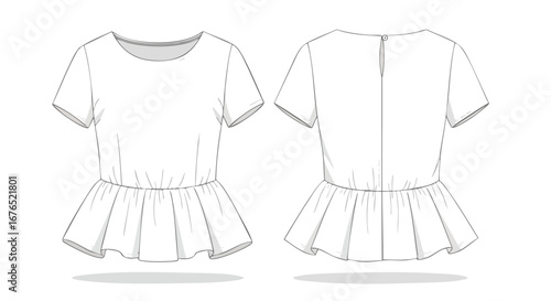 Peplum Top Technical Drawing: Stylish Blouse with Flared Hem and Short Sleeves Apparel Design Vector
