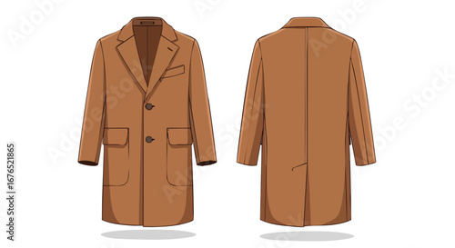 Elegant fawn-colored overcoat presented with front and back views showcasing the timeless garment design, ideal for fashion illustrations and