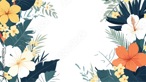 Vibrant tropical floral border design with lush green leaves and exotic flowers