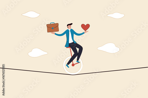 Work life balance, working lifestyle compromise with family or personal health, choice or balance between work stress and relaxation concept, businessman balance himself with heart and briefcase.