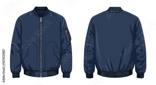 Detailed illustration of a navy blue bomber jacket with its front and back design showcased for fashion reference