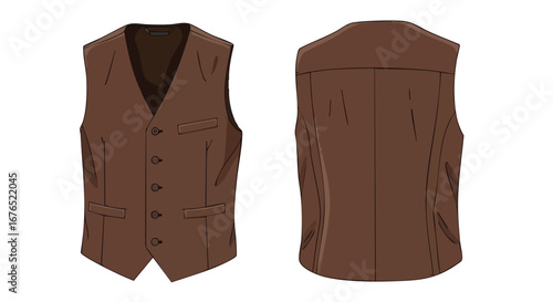 Brown vest illustration showcases the attire's tailored design and sartorial aesthetic perfect for formal events or elegant affairs
