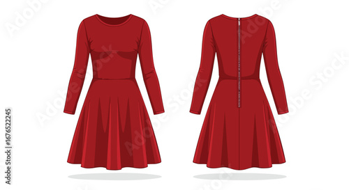 Elegant crimson frock illustration, featuring a round neckline and long sleeves ideal for diverse design projects with minimalist design
