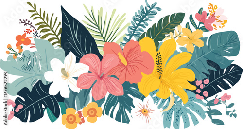 Vibrant tropical floral arrangement with lush green leaves and colorful exotic flowers