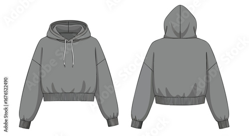 Gray Cropped Hoodie Technical Drawing Demonstrating Front and Back Views for Garment Design 3D Model