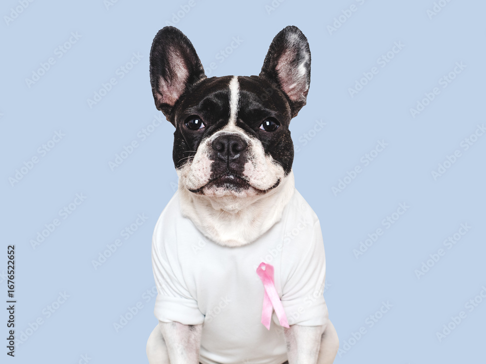 Fototapeta premium Cute puppy and Pink Awareness Ribbon. Express moral support. Close-up, indoors. Studio shot. Isolated background. Health care concept