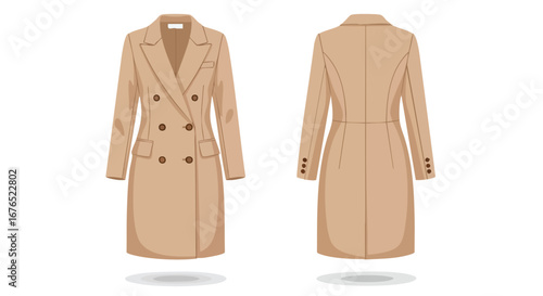 Elegant Overcoat Illustration with Front and Back Views for Fashion Design and Product Presentation