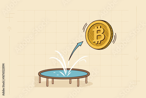 Bitcoin price rebound, crypto currency bounce back to rising up after falling down concept, golden bitcoin bounce back on the trampoline rising up on price graph. 