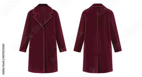 Elegant burgundy overcoat showcase: front and back views for fashion design and style inspiration