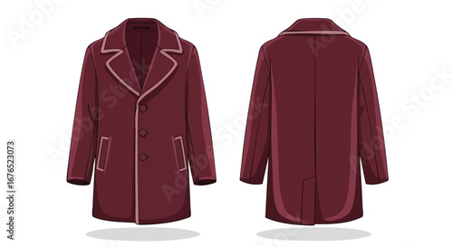 Elegant burgundy overcoat displayed in front and back views for fashion design visualizations