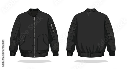 Technical drawing displays a classic black bomber jacket design with zipper and pocket detailing, capturing a modern outerwear silhouette with