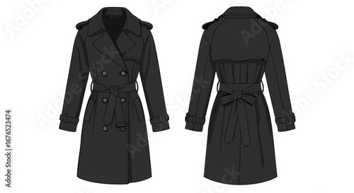 Elegant monochrome trench coat illustration, showcases classic design and versatility in fashion, a vector drawing with front and back views