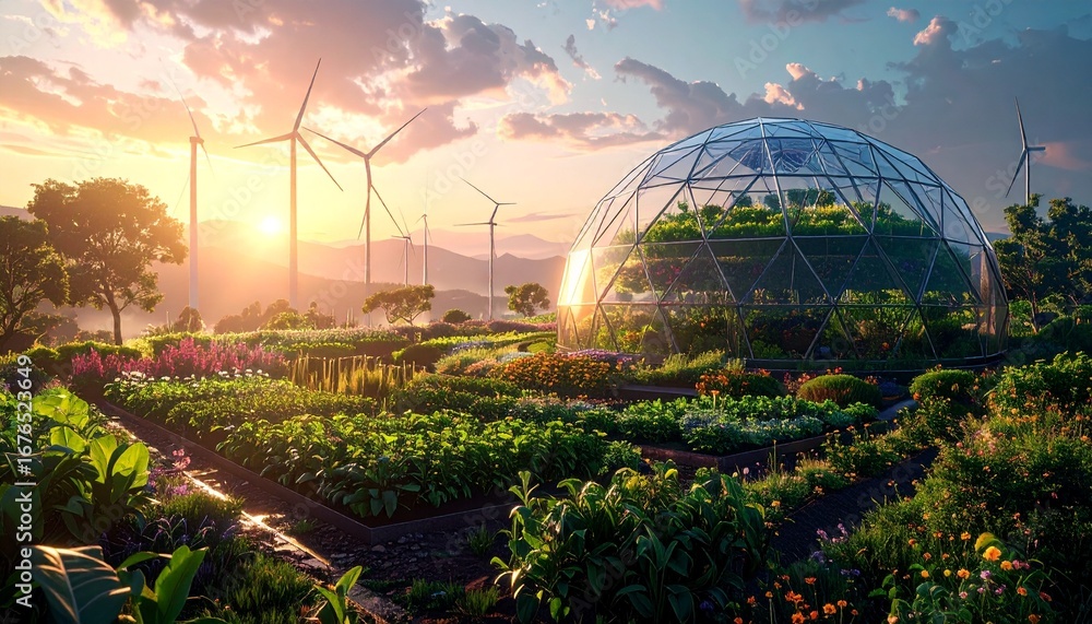 Obraz premium Sustainable future farm landscape at dawn, showcasing a modern geodesic dome greenhouse and wind turbines, symbolizing innovation in eco-friendly agriculture and renewable energy for a greener planet