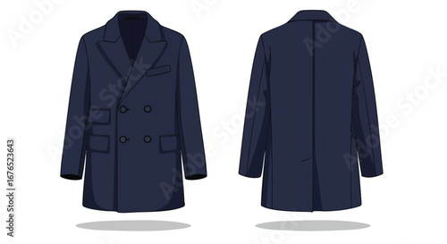 Double-breasted navy coat illustration with front and back views for showcasing apparel design or pattern making and flat sketch style detail