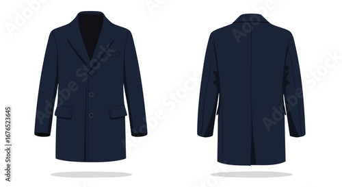 Sophisticated navy blue overcoat illustration showcasing front and back views, suitable for fashion design and style presentation purposes for