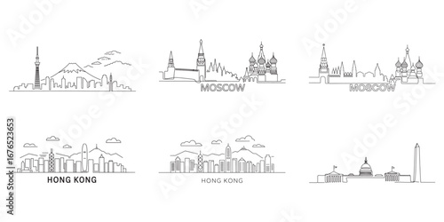 Elegant Cityscape Outlines a Minimalist Collection of Famous Architectural Designs from Moscow, Hong Kong, and Washington D.C.