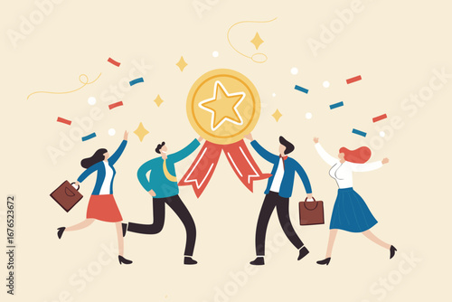 Professional or expert who success and win award, best office employee or specialist with skills to achieve goal concept, success businessman and businesswoman professional stand with star award.