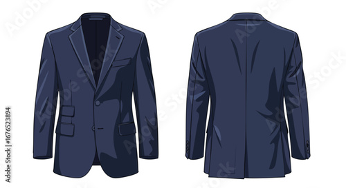 Sophisticated navy blue blazer illustration showcasing front and back views for garment design and fashion visualization needs