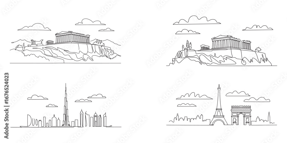 Obraz premium Line Art Travel Destinations A Minimalist Exploration of Famous Landmarks from Around the World in Simple and Elegant Outlines