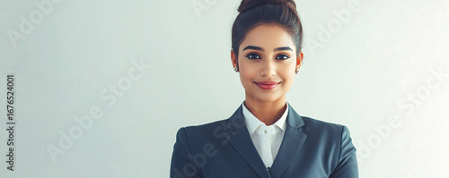 Indian flight attendant in uniform smiling and pointing with a welcoming gesture.