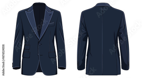 Elegant navy blue suit, front and back view illustration for fashion design and clothing presentation, ideal for tailoring concepts and style
